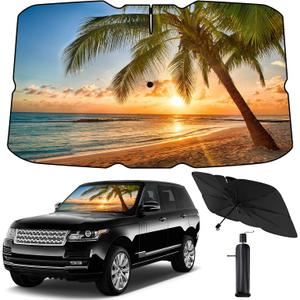 Windshield Sun Shade Umbrella - Foldable Car Sun Shade Windshield for Front Window, Sun Visor for Car Keeps Your Vehicle Cool, for Most Sedans SUV and Trucks(55.2 x 31.5 in) (Coconut Tree - Sunset)
