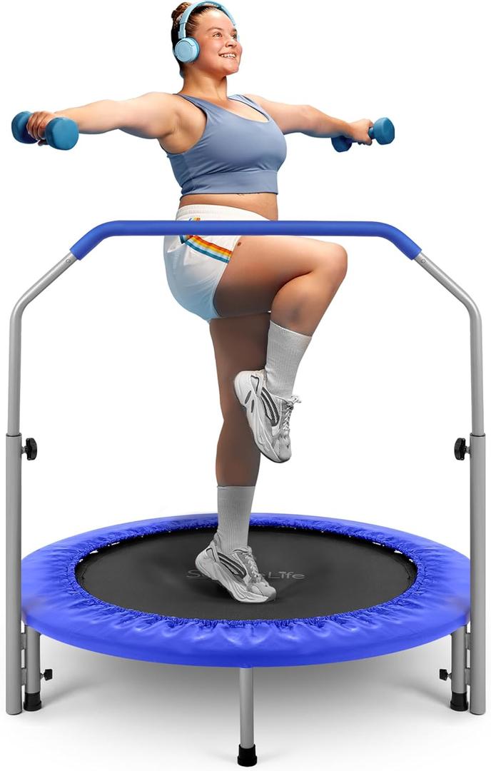 SereneLife 40" Foldable Mini Trampoline for Adults - Compact Fitness Rebounder with Adjustable Foam Handle, Exercise Trampoline with Max Load 330lbs, Indoor/Garden Whole-Body Workout (Deep Blue)