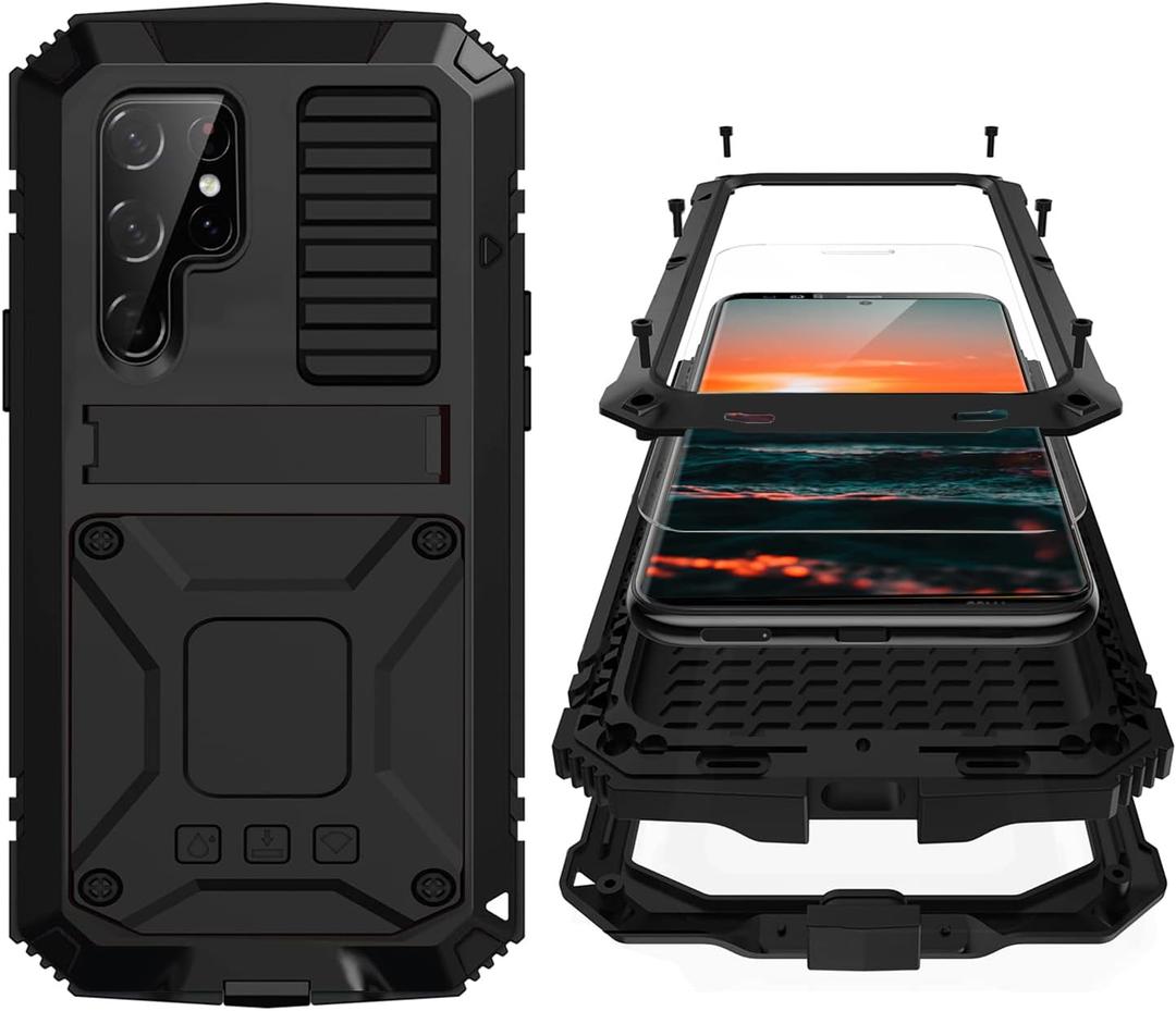Samsung S22 Ultra Metal Case with Screen Protector Camera Protector Military Rugged Heavy Duty Shockproof Case with Stand Full Cover Tough case for Samsung S22 Ultra (S22 Ultra, Black)