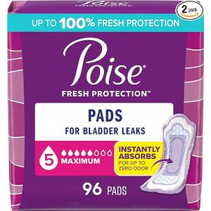 Poise Incontinence & Postpartum Pads for Bladder Leaks, 5 Drop Maximum Absorbency, Regular Length, 96 Count