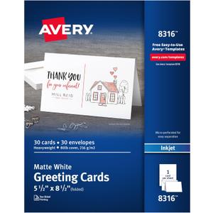 Avery Printable Half-Fold Greeting Cards, Envelopes Included, 5.5" x 8.5", Matte White, Inkjet Printer Compatible, 30 Blank Cards Total, Great for Product Branding, Marketing, and More (8316)