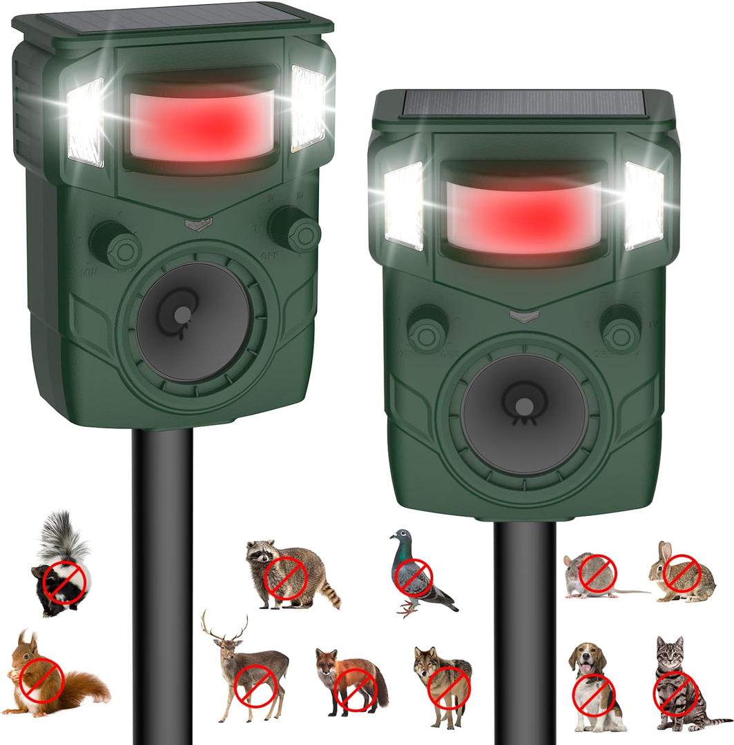 2025 Upgraded Solar Ultrasonic Animal Repellent Outdoor - Motion Activated Deer, Squirrel, Cat,Raccoon, Dog & Bird Deterrent with Multi-Frequency LED Strobe & Ultrasonic Sweep for Garden, Yard 1PC