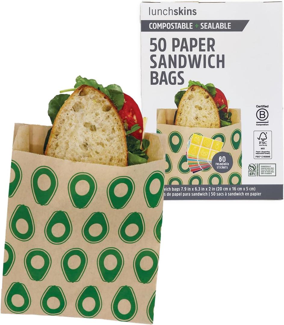 Lunchskins Compostable Sandwich Bags  50 Count | Avocado Design | Eco-Friendly Food Storage Bags Made from Unbleached Kraft Paper with Recyclable Resealable Stickers