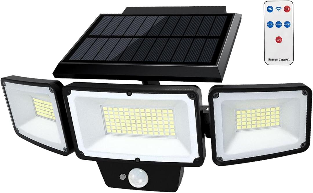 Solar Outdoor Lights with Remote Control, Motion Sensor, 3 Modes, 3 Heads LED Security Lights, IP65 Waterproof, Wide Angle (1 Pack) Solar Outdoor Lights with Remote Control, Motion Sensor, 3 Modes, 3 Heads LED Security Lights, IP65 Waterproof, Wide Angle (1 Pack)