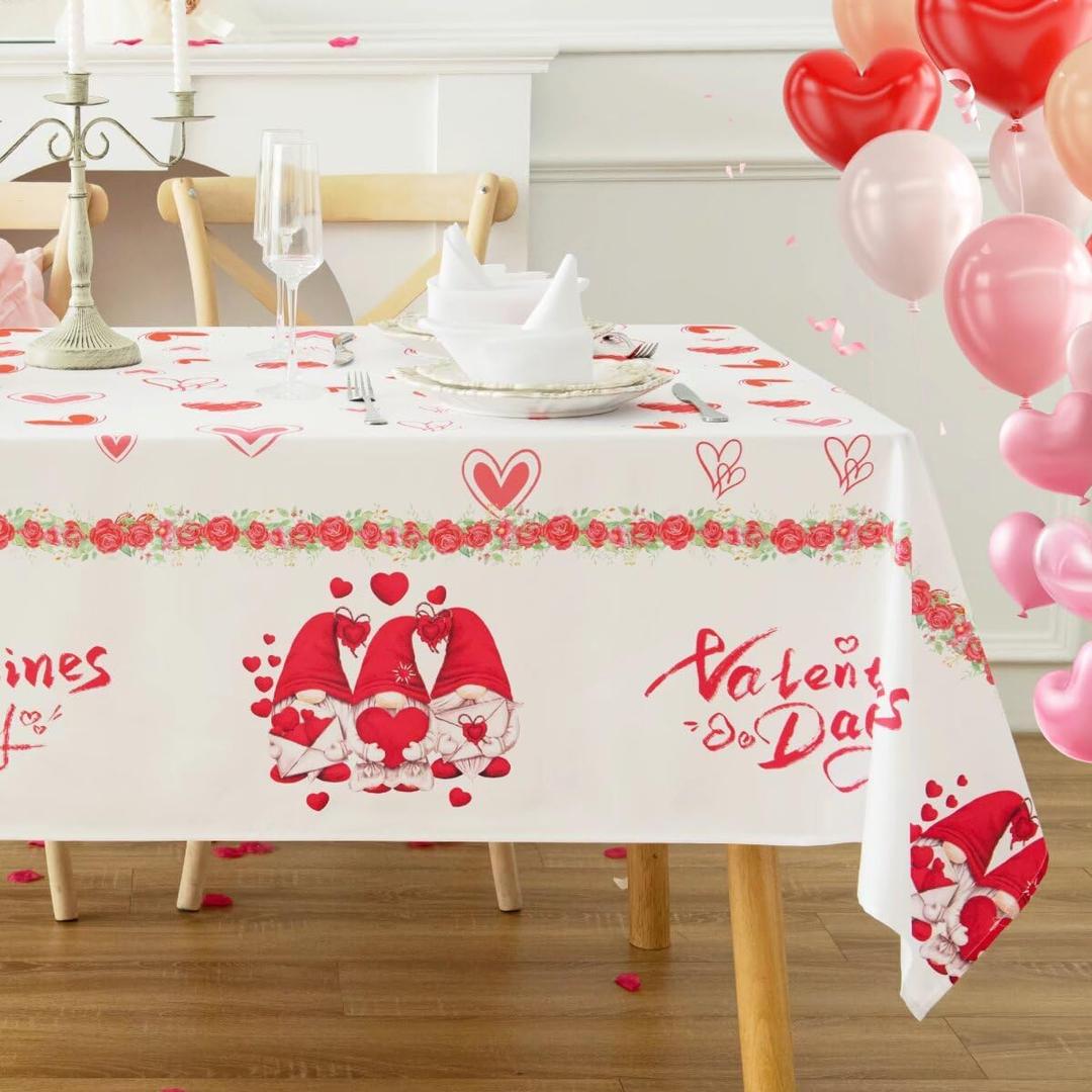 Rectangle Valentine's Day Tablecloth, Happy Valentine's Day Gnomes with Roses Table Cloth, Washable Holiday Microfiber Table Cover for Party Picnic Dinner Decor, 60 Inch x 84 Inch