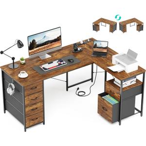 55 Inch L Shaped Office Desk with 6 Drawers & Type-C Port, Rustic Brown