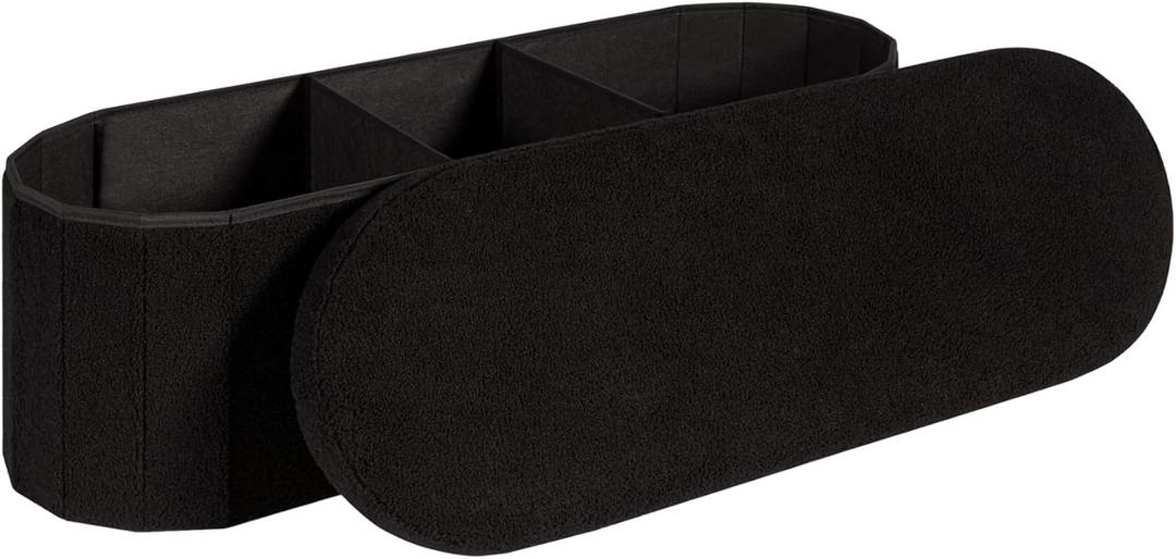 Storage Ottoman Bench, 43.3" Oval Upholstered Ottoman Foot Rest Foldable Boucle End of Bed Storage Bench for Living Room, Entryway, Black