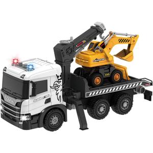 Extra Large Tow Truck Toy, Scania 19 Friction Powered Transport Truck Crane Vehicle Toy with Excavator Toy, Lights and Sounds, Gifts for Toddler Boys Girls