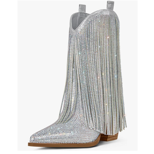 Ouepiano Cowboy Boots for Women - Cowgirl Rhinestone Boots with Sparkly Fringe Pointed Toe Western Boot Chunky Heel Pull-On Wide Calf Botas Vaqueras  8,5