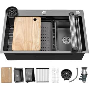 YITAHOME Drop In Kitchen Sink Workstation 30 Inch, Top mount Stainless Steel Nano Gunmetal Black Sink w/Glass Rinser, Cutting Board, Handmade Single Bowl Sink with Accessories 30 x 18 x 10in YITAHOME Drop In Kitchen Sink Workstation 30 Inch, Top mount Stainless Steel Nano Gunmetal Black Sink w/Glass Rinser, Cutting Board, Handmade Single Bowl Sink with Accessories 30 x 18 x 10in