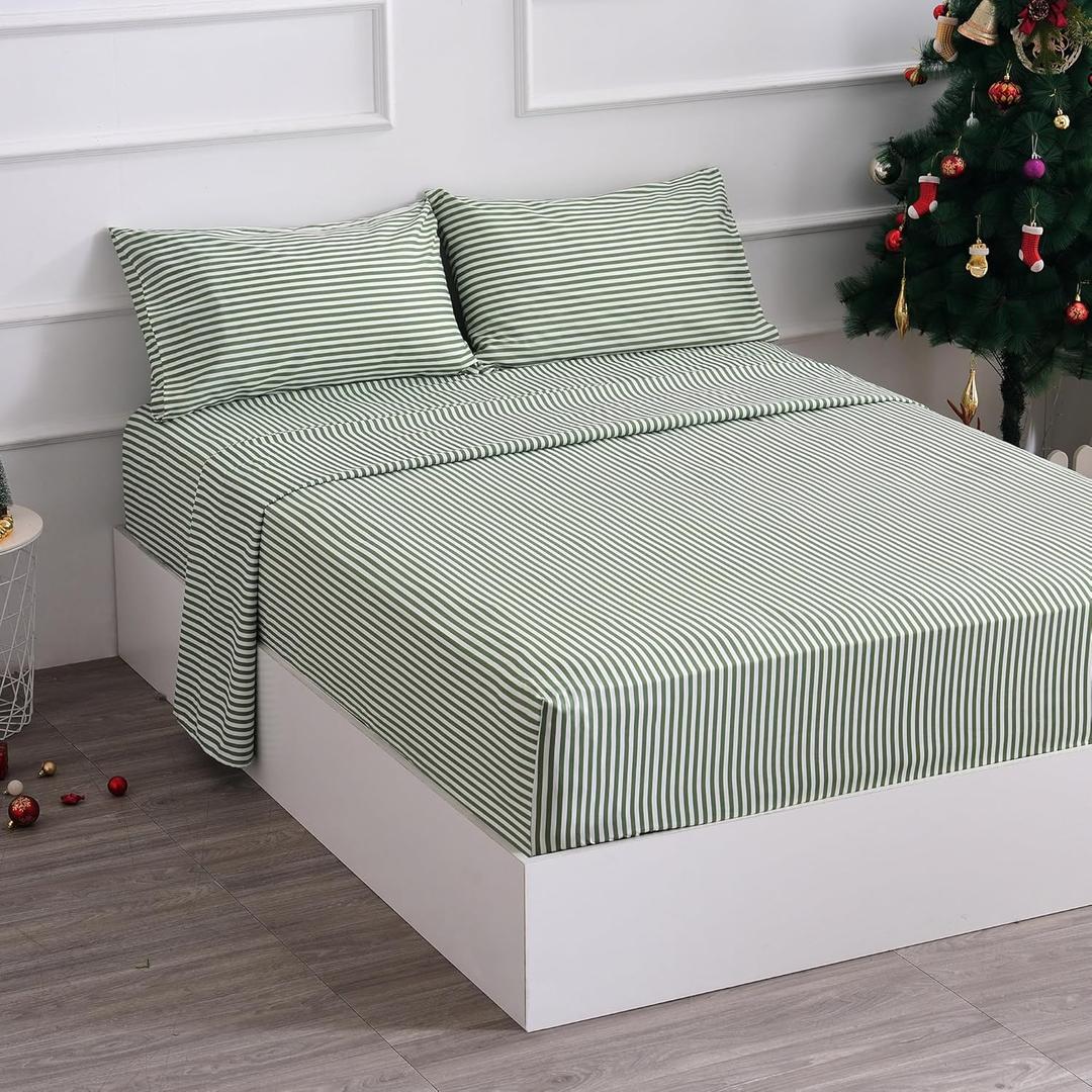 Bed Sheet Set 4 Piece -Full Size-Soft Durable Microfiber Bedding Sheet Set,Deep Pocket,Stain,Fade & Wrinkle Resistant Green and White Pinstripe (Stripe Grass Green)