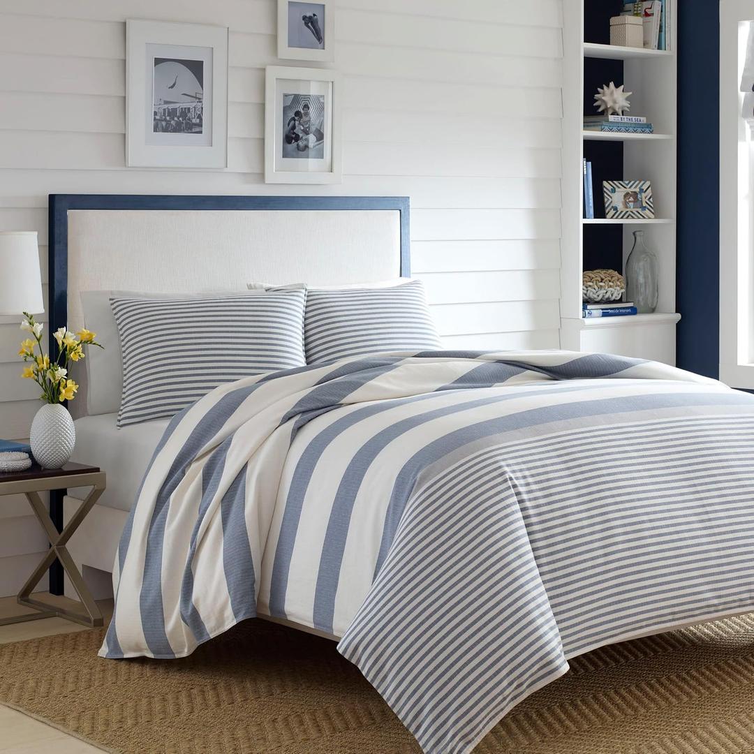 Nautica - Twin Comforter Set, Reversible Cotton Bedding with Matching Sham, Medium-Weight, Dorm Essentials, Oeko-Tex Certified (Fairwater Blue)
