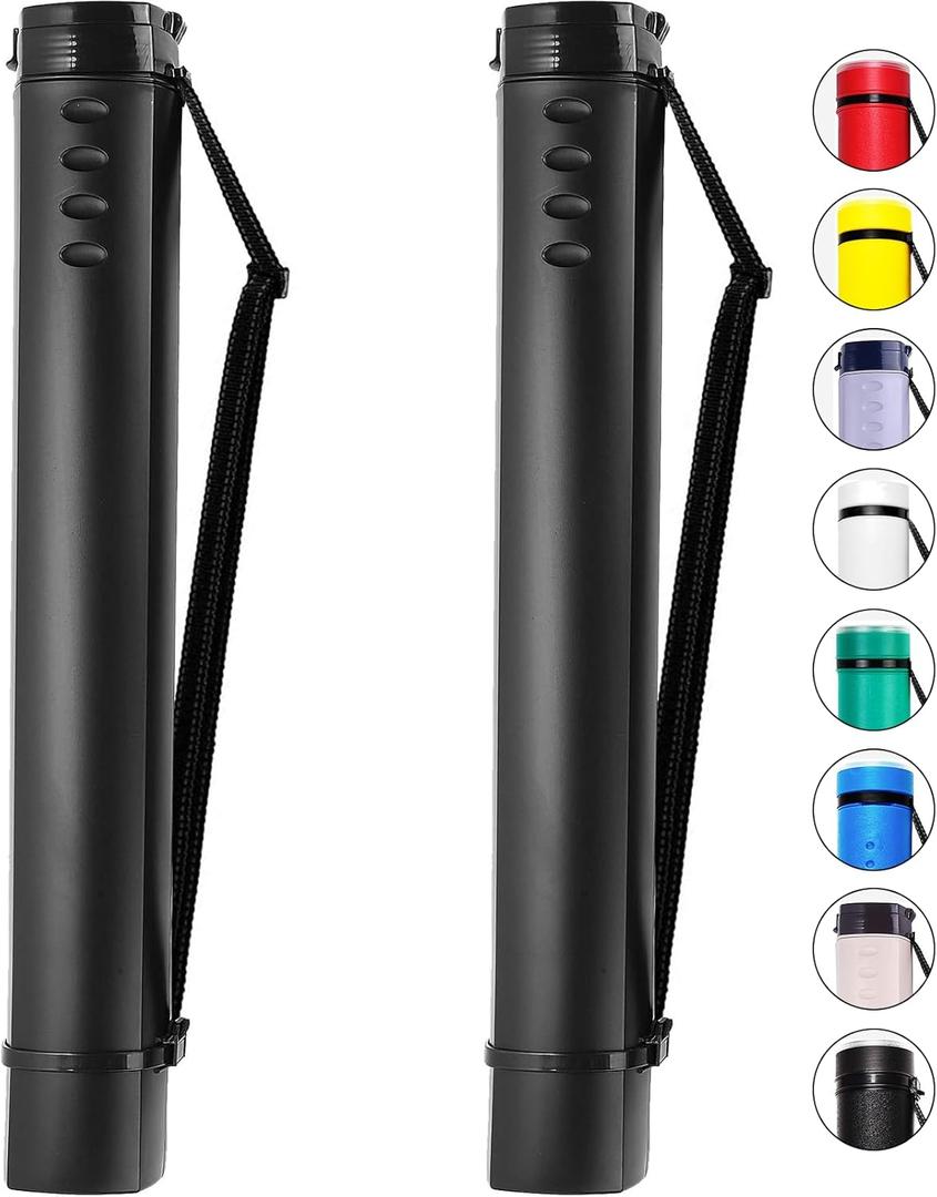 2-Pack Extendable Poster Tubes Expand from 24.5 to 40 with Shoulder Strap | Carry Documents, Blueprints, Drawings and Art | Black Portable Durable Round Storage Cases with Lids and Labels (large)