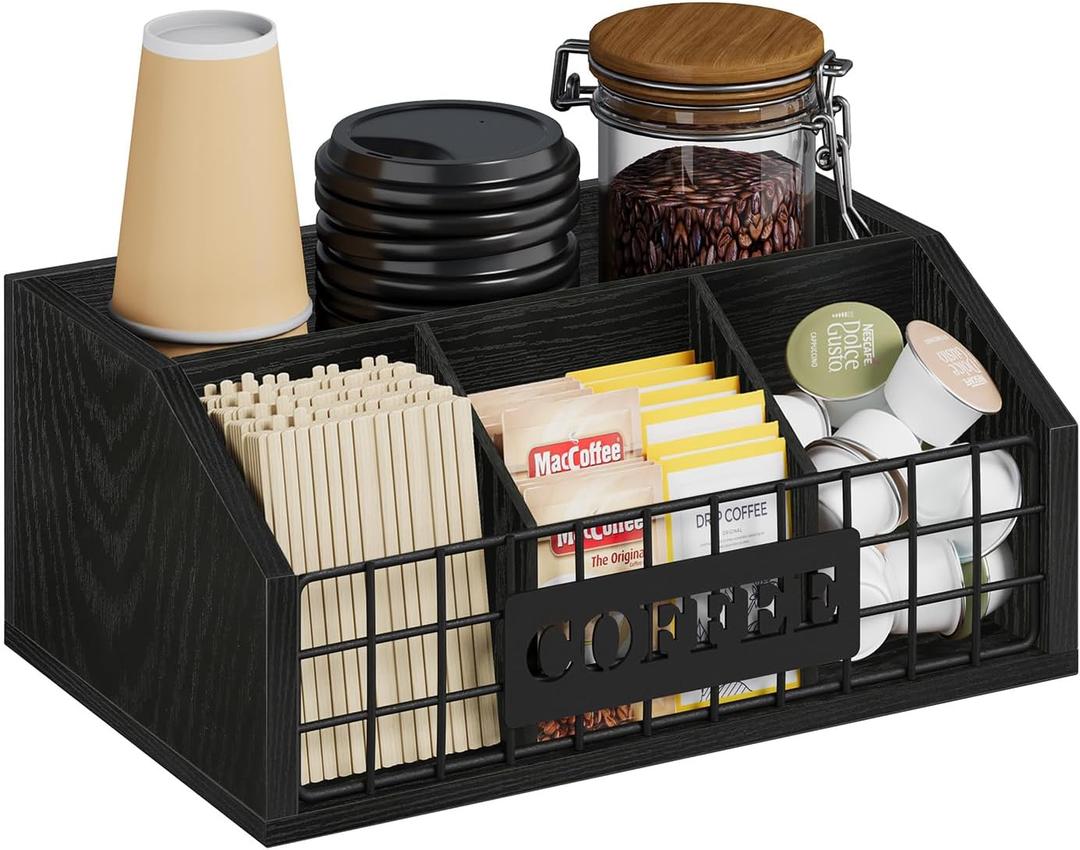 YINMIT Coffee Station Organizer for Countertop, Wood Coffee Bar Organizer with Removable Dividers for Pods, Syrup, Cups, Stirrer, Tea - Office Bar Accessories, Iron Wire-Black
