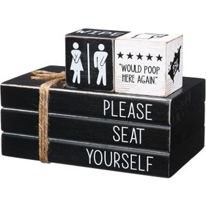 Blulu Funny Mini Bathroom Room Sign Decor Wooden Bedroom Shelf Decor Mini Preppy Farmhouse Tiered Tray Ornament Reversible Book Rome Shelf Signs for Toilet Home Wall