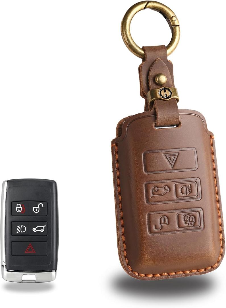 Leather Key Fob Cover with Keychain Compatible with Range Rover Evoque Sport Vogue Velar Defender Discovery 5 (BROWN) (Brown)