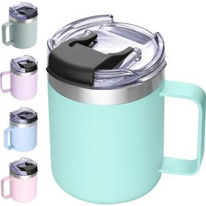 ALOUFEA 12oz Insulated Coffee Mug Cup with Handle, Stainless Steel Travel Coffee Mug with Flip Lid, Double Wall Vacuum Coffee Tumbler,Seafoam
