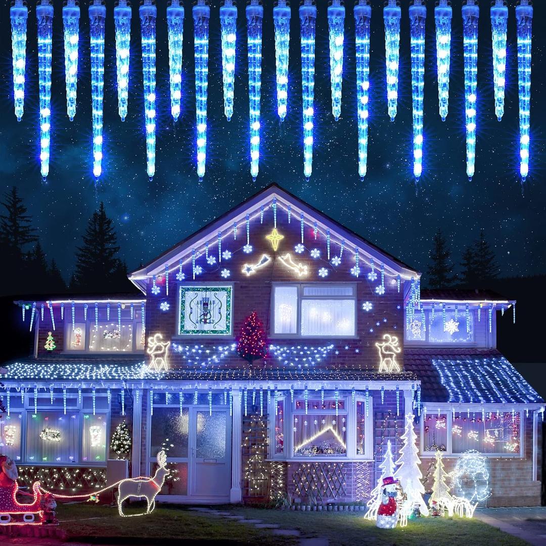 Joomer Icicle Christmas Lights Outdoor, 13FT 20 Icicles 320 LED Meteor Shower Icicle Lights Timer Waterproof Connectable Christmas Light for Outside Home Xmas Decoration - Blue
