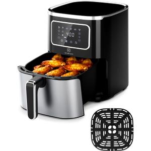Kitchen EliteAir Fryer Oven 5.5Qt, 6 Presets Digital Display Compact Cooker,Space-saving, Nonstick & Dishwasher Safe Basket, Stainless Steel