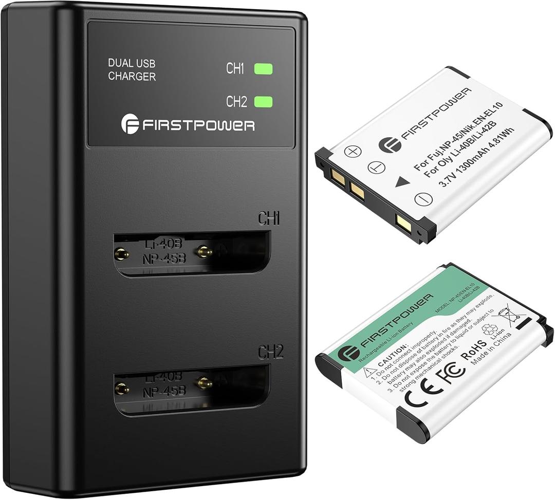 FirstPower NP-45/NP-45A/NP-45S Battery (X2) and Dual Charger for Fujifilm INSTAX Mini 90 Fuji FinePix XP140 XP130 XP120 XP90 XP80 XP70 XP60 XP30 XP20 T560 T550 T510 T500 T400 T360
