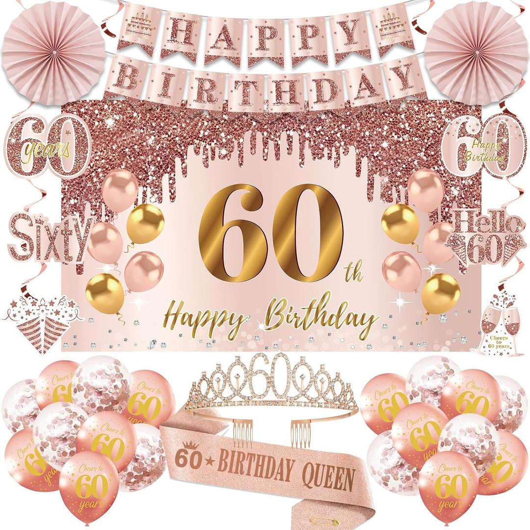 60th Birthday Decorations for Women, Pink Gold Happy 60th Birthday Banner Crown and Sash Balloons Backdrop Hanging Swirls Paper Fans, 60 Years Old Party Supplies Kit 32PCS