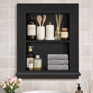 Royxen Bathroom Wall Cabinet with 2-Tier Shelves,Wooden Recessed Medicine Cabinet Over Toilet Storage Cabinet,Bathroom Cabinet Wall Mount for Home Storage, 14 x 18 Inch, Black