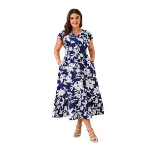 Women Plus Size Summer Beach Boho Dress Ruffle Sleeveless V Neck Button Down Casual Wedding Guest Maxi Dresses, 4XL