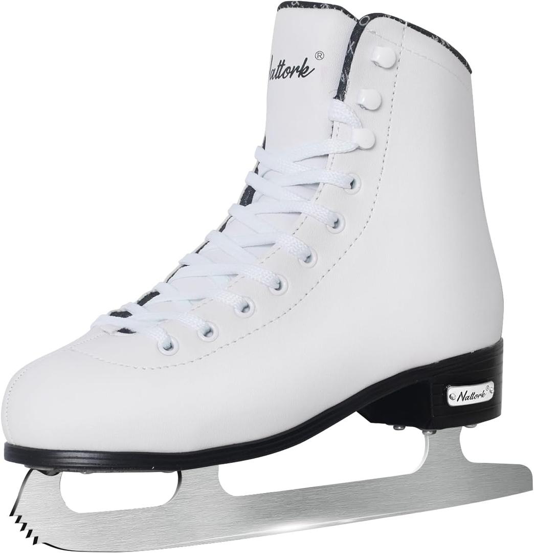 Nattork Figure Skates Excellence Stainless Steel Blades Ice Figure Skating with Enhanced Support Strength Performance and Ultimate Comfort for Youth and Adult (Women's 7 / Men's 6, WHITE)