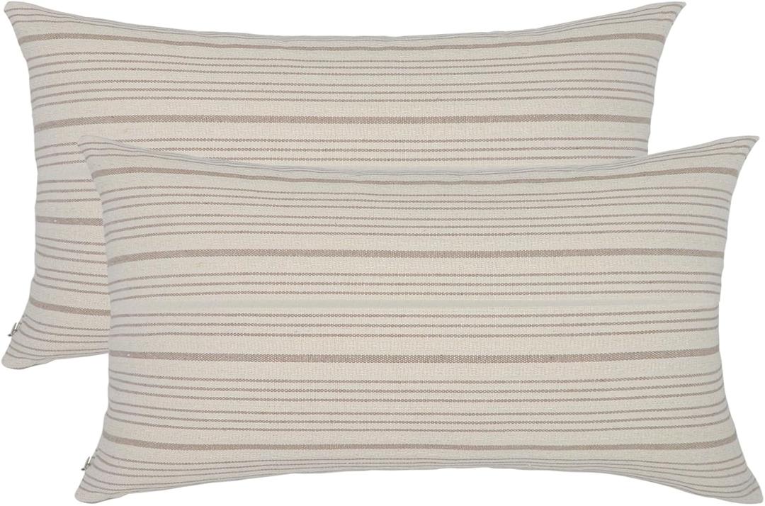 Tan Pillow Covers Farmhouse Linen Throw Pillow Covers Striped Outdoor Decorative Square Throw Pillows for Couch Sofa Bed 12x20 in Pack of 2 Cream and Beige