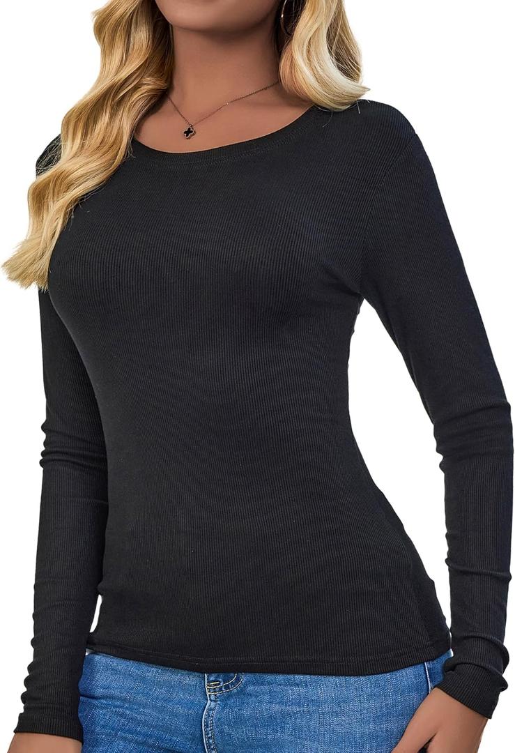 Long Sleeve T-Shirt Women Ribbed Scoop-Neck Shirts for Women Basic Trendy Lightweight Shirts for Women (X-Large, Black)