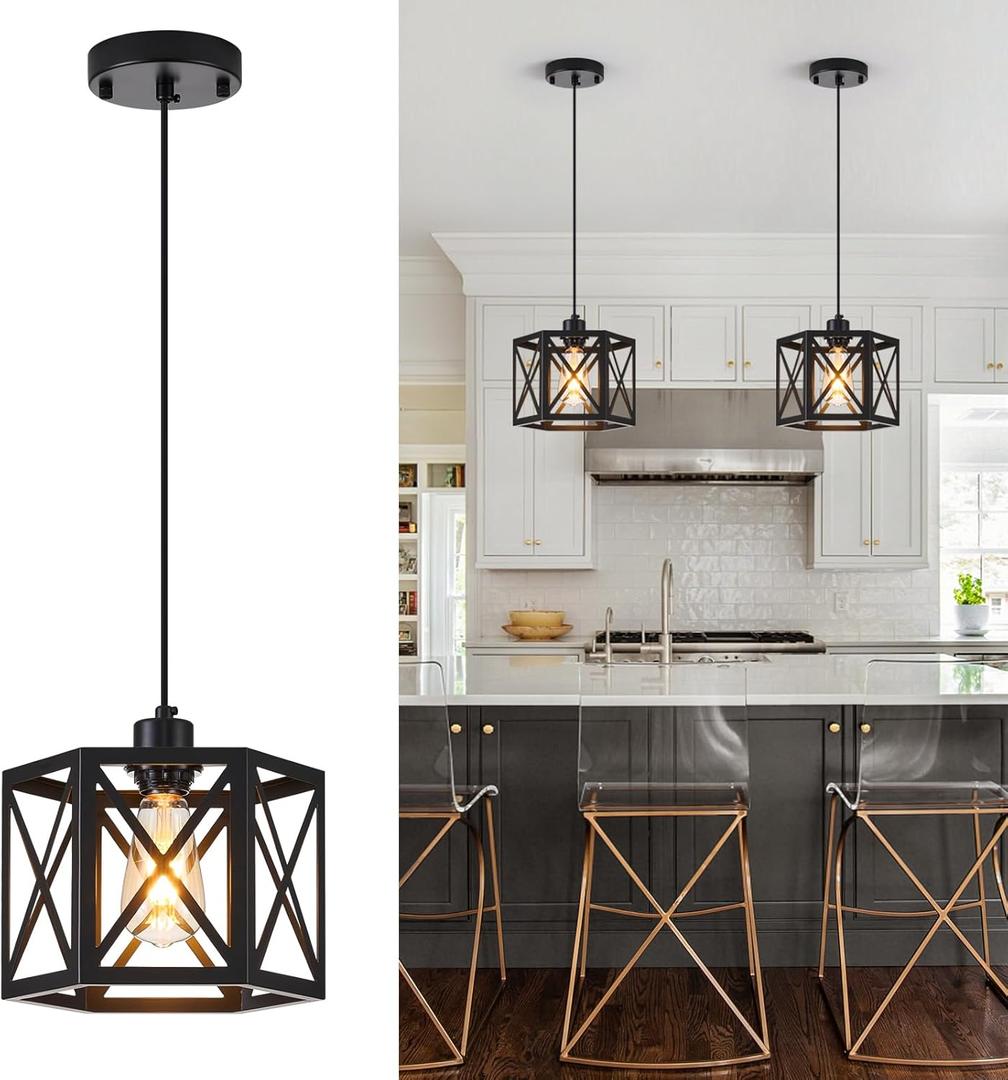 XSDeTu 2 Pack Farmhouse Pendant Lights, Modern Black Hanging Light Fixture with Hexagonal Cage, Industrial Metal Ceiling Lights, Adjustable Lantern Pendant Lighting for Kitchen Island Sink Hallway