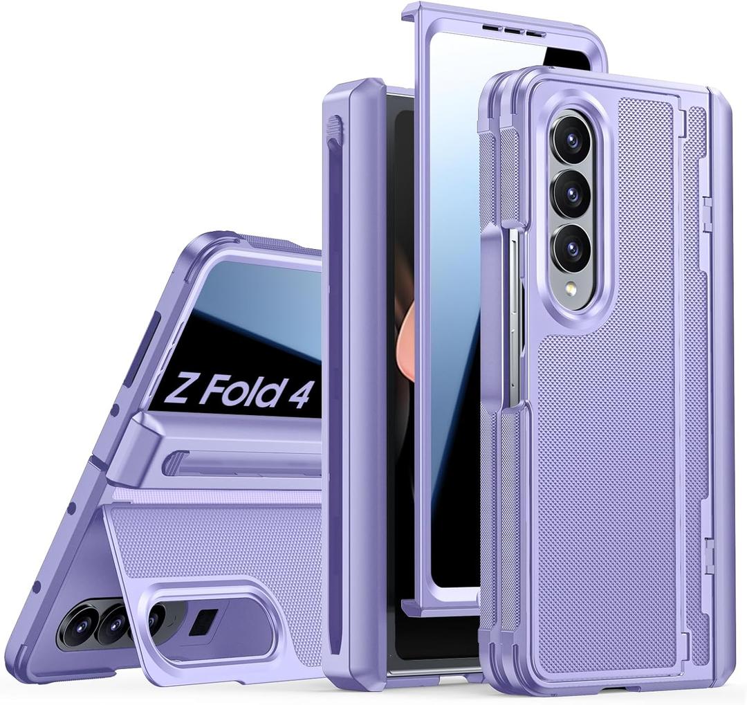 Spugan for Galaxy Z Fold 4 Case, S Pen Holder & Privacy Screen Protector & Kickstand & Hinge Protection, Slim Rugged Military-Grade Shockproof Protective Phone Case for Samsung Fold 4 (Purple)