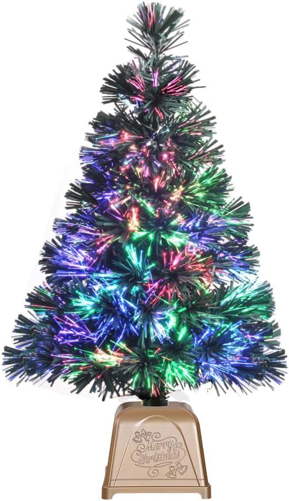 Pre-lit Mini Christmas Tree, Tabletop Artificial Fiber Optic Christmas Trees with Gold Base -24 Inch  (Green)