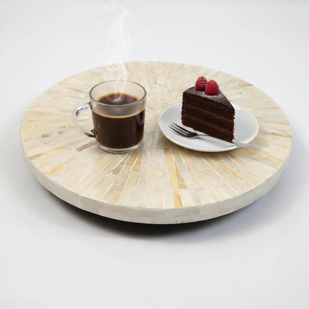 PEMAR 12.6 Decorative Lazy Susan Turntable, Handcrafted Tray with Mother of Pearl Inlay, 360 Rotating Countertop & Dining Table Organizer, Elegant Home Dcor, Housewarming Gift, White Cream Sunlight