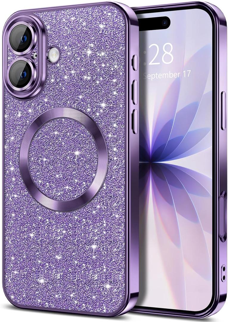 Hython for iPhone 17 Case Glitter Clear Magnetic Phone Cases [Compatible with MagSafe] Full Camera Lens Protector Sparkle Luxury Plating Slim Shockproof Protective Cover Women, Purple