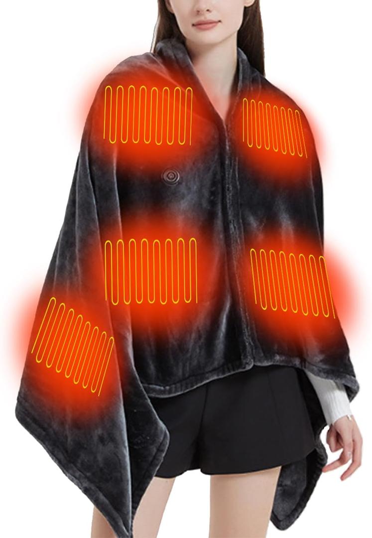 Electric Heated Blanket Flannel Shawl, Portable Zipper Heating Blanket, 9 Heating Zones with 3 Heat Levels for Car Office Home Travel 59 x 33 in, Grey (Without Battery)