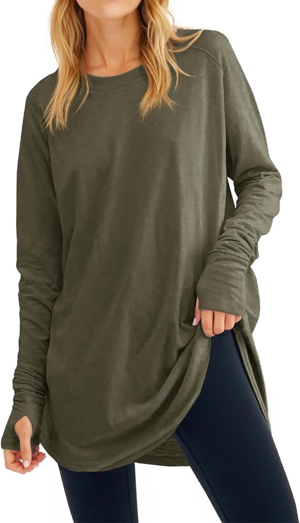 Fisoew Women's Casual Long Sleeve Tops Crew Neck Round Hem Loose T-Shirts Tunic Tops with Thumb Holes (Medium, Army Green)