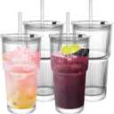 Ribbed Drinking Glasses,with Lids and Straws Glass Cup,19oz Glass cup,4 Pack Old Fashioned Glasses,Thickened for iced coffees,cocktails and juices, perfect for families and parties (4)