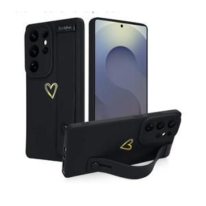 Ufbara Compatible with Samsung Galaxy S25 Ultra Case for Women Girls, Cute Gold Love Heart Pattern with Wrist Hand Holder Stand Slim Soft Silicone Kickstand Protection Cover (Black)