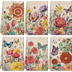 Patelai 6 Pcs Vintage Flowers Kitchen Towels Butterfly Summer Spring Dish Hand Towels Hummingbirds Absorbent Washcloth for Fall Home Housewarming Gift, 21.26 x 14.17''(Multicolor,Butterfly)