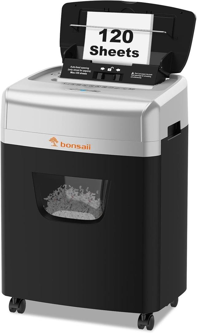 Bonsaii 120 Sheets Autofeed Micro-Cut P-4 Security Level Paper Shredder
30-Min Run Time, Jam-Proof, 62dB Ultra-quiet, Shreds Staples/Credit Cards, 6 Gal Bin with Casters, for Home Office C233-B