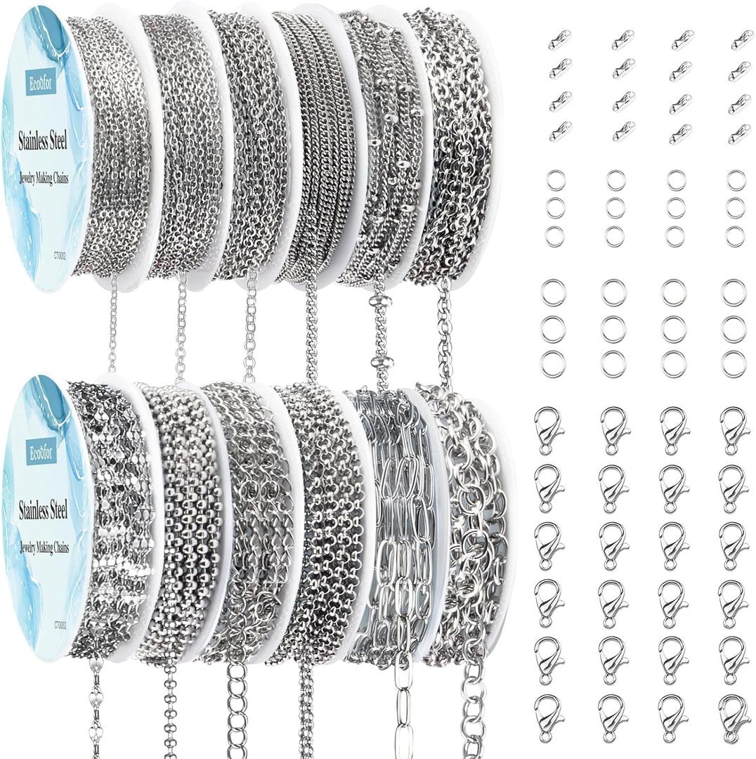 Necklace Chain for Jewelry Making, 95.1 Feet 12 Rolls Stainless Steel Jewelry Chains for DIY Necklace Bracelet Making with Stainless Steel Jump Rings/Lobster Clasps/Connectors (Silver)