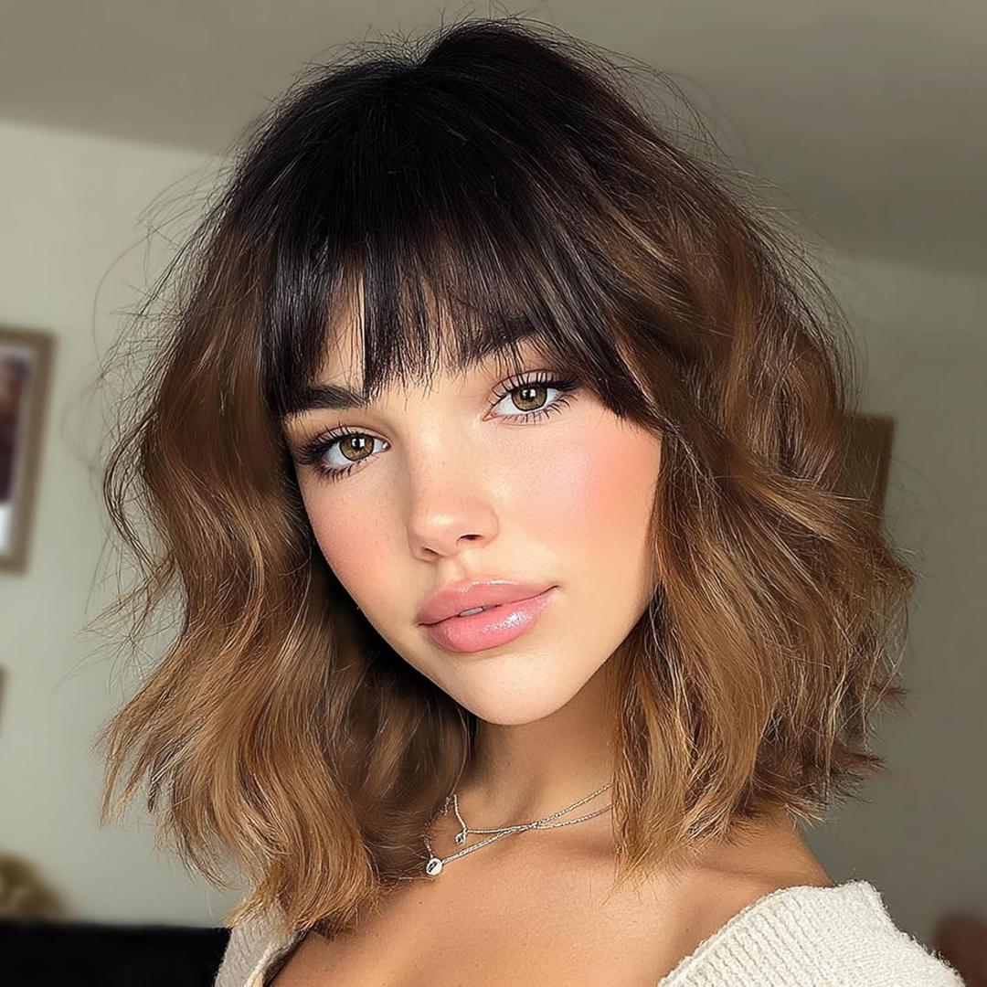 Brown Bob Wig with Bangs Short Hair Wigs for Women Ombre Wig Wavy 14 Inches Synthetic Wig Cosplay Black to Brown Shoulder Length Wigs Natural Hair Replacement Wigs for Girls Holiday Daily Party Use