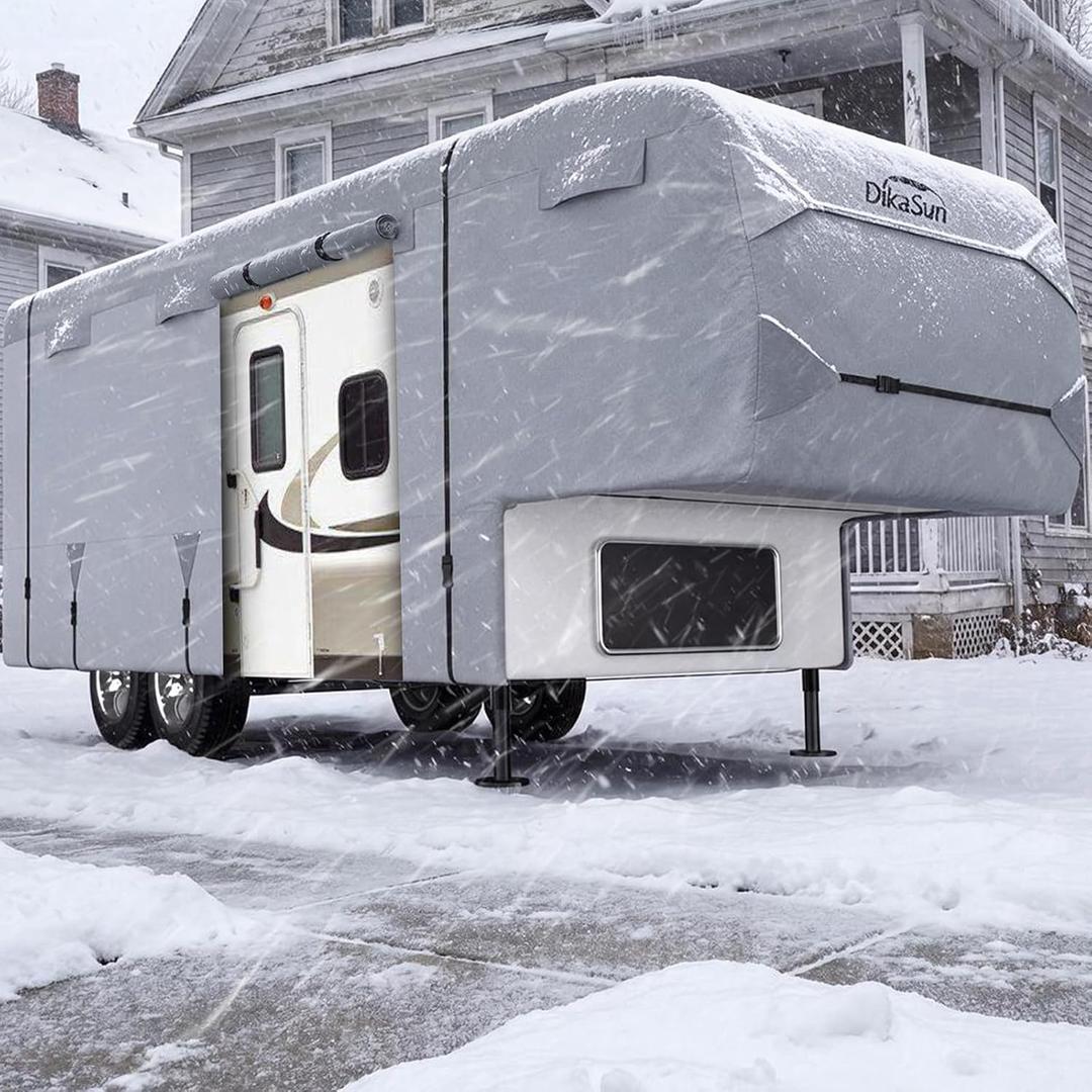 5th Wheel RV Covers 37' ~ 40', Upgraded 9-Layers Top Fifth Wheel Travel Trailer Cover, Windproof Waterproof Toy Hauler Camper Cover RV Skirting for Winter Snow Protection