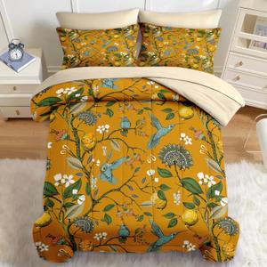 Nesker Comforter Set Queen Size, Boho Hummingbird Floral Lemon 7 Pcs Bedding for Kids and Adults, Mustard Vintage Yellow Bed Sheet Sets with Fitted Sheet 2 Pillowcases & 2 Shams