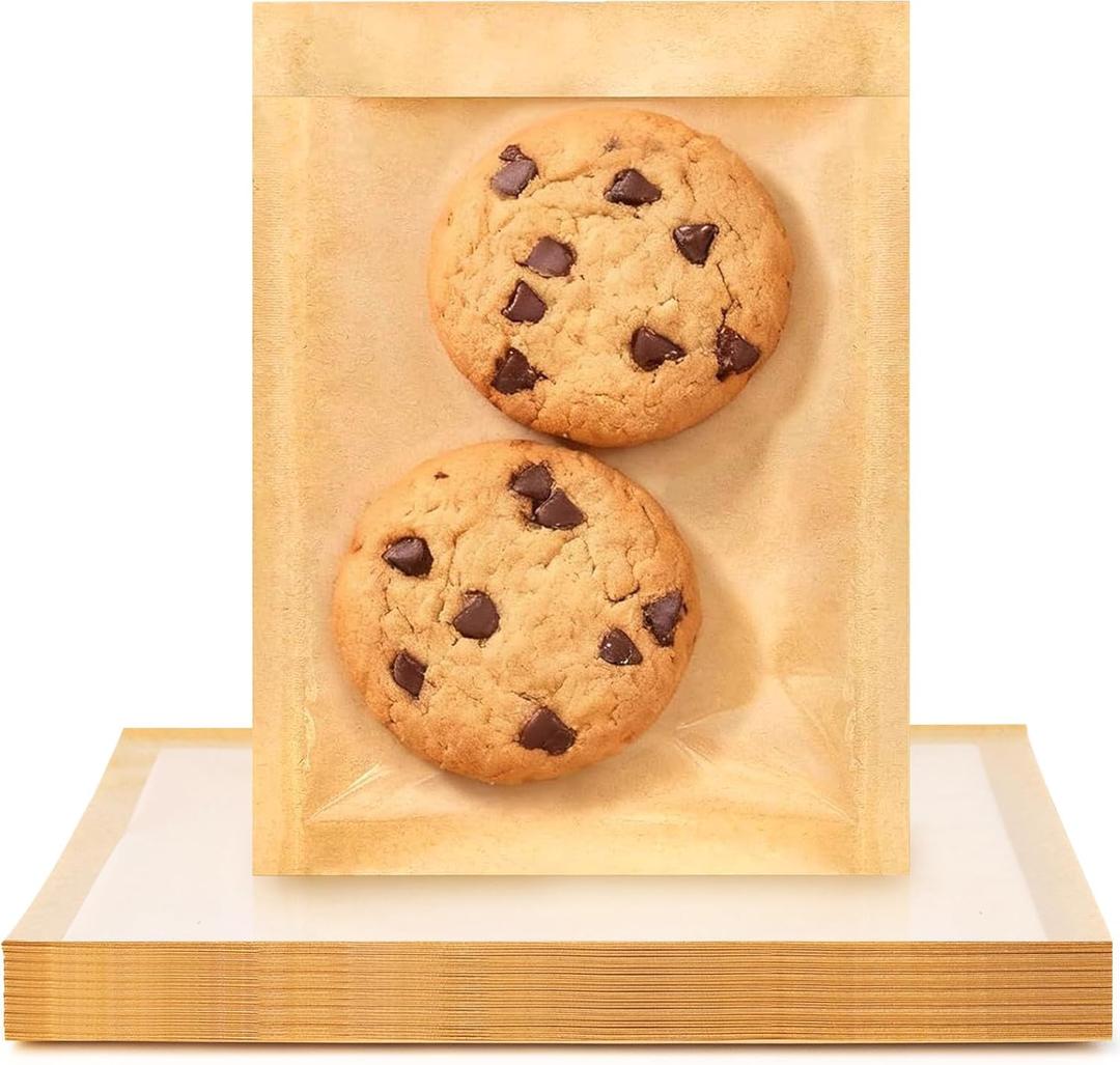 Ohuimrt 100 Pack Cookie Bags with Seal, 5.1 x 7.5 Inch Small Paper Bakery Bags with Window Heat-Sealable Individual Pastry Bag for Packaging Cookies, Donuts