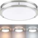 16 Brushed Nickel Flush Mount Ceiling Light Fixture - 16 Inch Brushed Nickel LED Ceiling Light 3000K/4000K/5000K Color Changing Modern Bathroom Fixture for Bedroom,25W