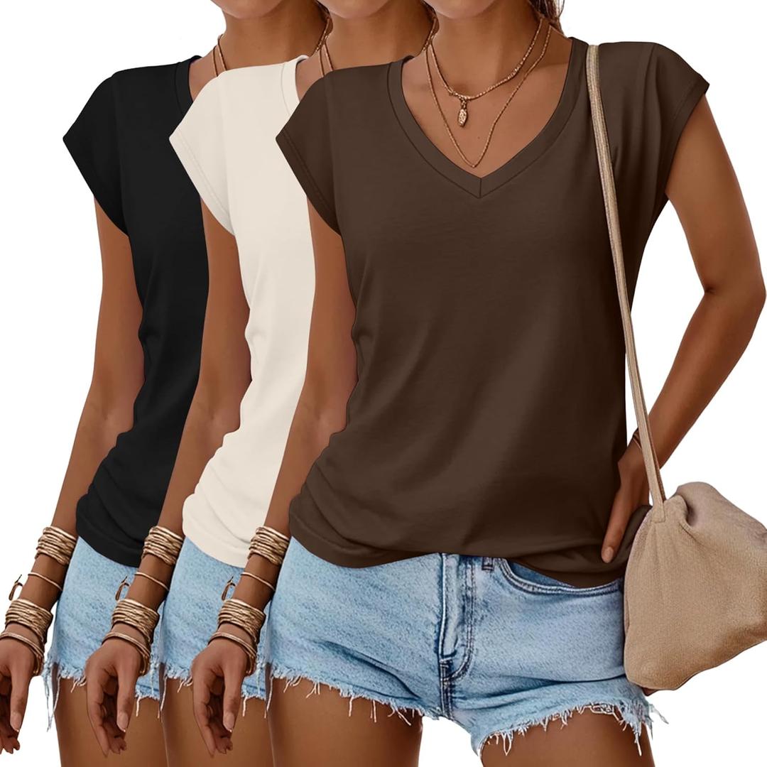 Huukeay 3 Pack Women’s V Neck T Shirts, Cap Sleeve Summer Casual Tops Loose Fit Short Sleeve Tees 2025 Trendy Shirts(Black, Light Apricot, Brown, Medium)