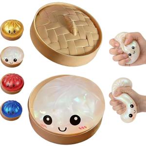 Glitter Dumpling Squishy Box, Dumpling Squishies, Sensory Squeeze Toy for Stress Relief, Soft Decompression Dough for Adults Office and Home Use (Ribbon Emoji bun)