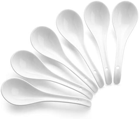 DOWAN Soup Spoons Set of 6, Ceramic Chinese Soup Spoon, Asian Soup Spoons, White Japanese Spoon Large for Ramen Pho Wonton Dumpling Miso, Deep Oval Hook Design